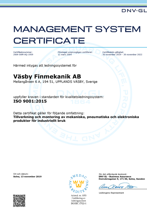Certifiering enligt ISO 9001.”Certifiering enligt ISO 9001.